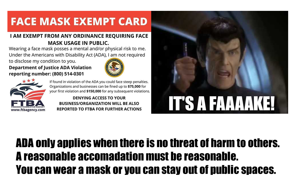 This meme features a image of a fictional "Face Mask Exemption Card" with a humorous tone. The text on the card claims that the holder is exempt from wearing a face mask in public due to a fictional condition, and includes a warning that the card is not actually valid. The image is accompanied by a quote from the Star Trek character Mr. Spock, saying "It's a fake!"